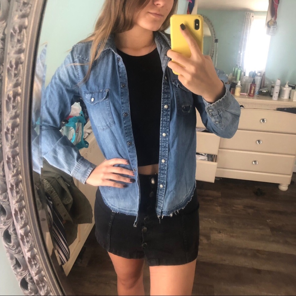 Blue Distressed Denim Button Down Too